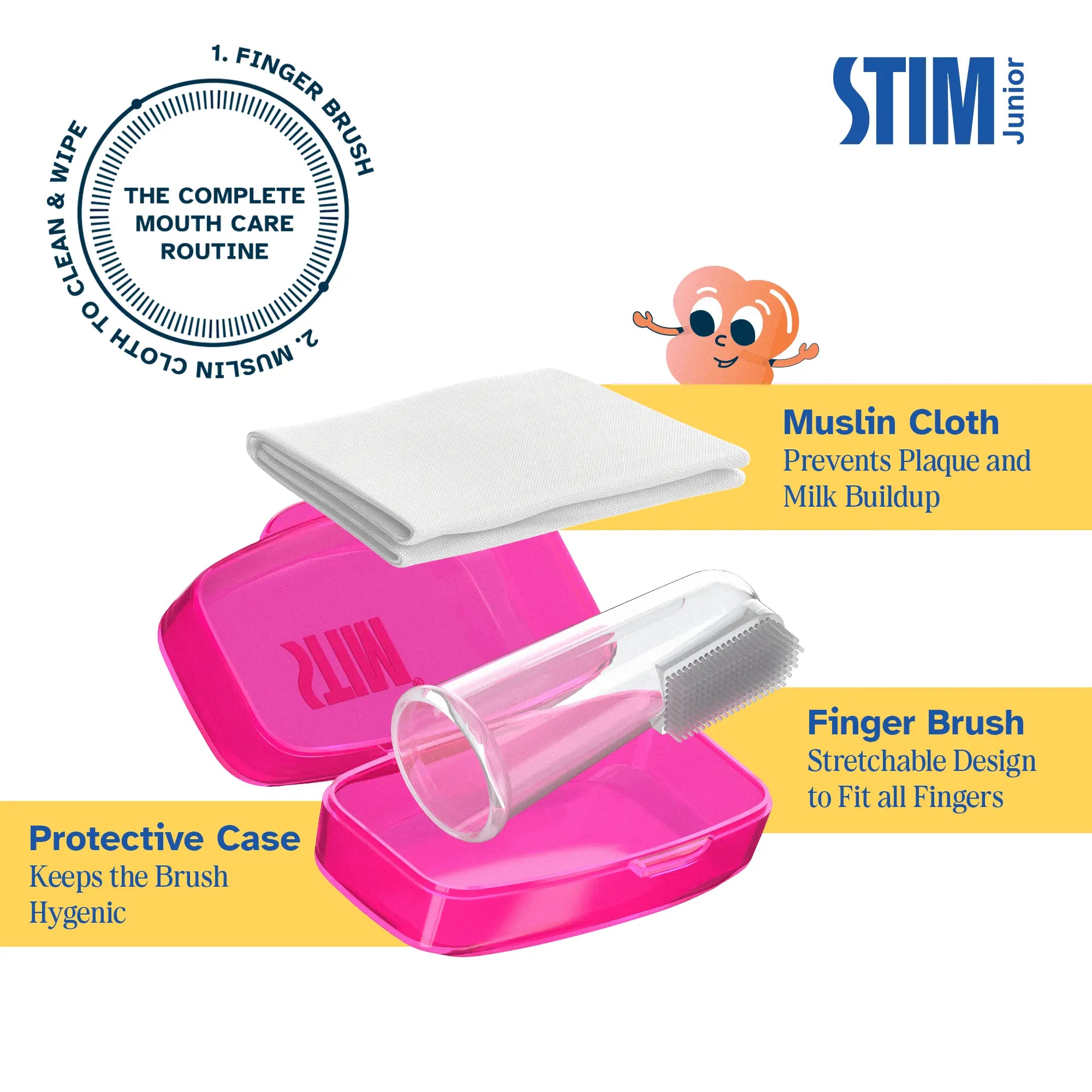 Exploded view showing components of STIM Junior Infant Kit: finger brush, muslin cloth, and protective case