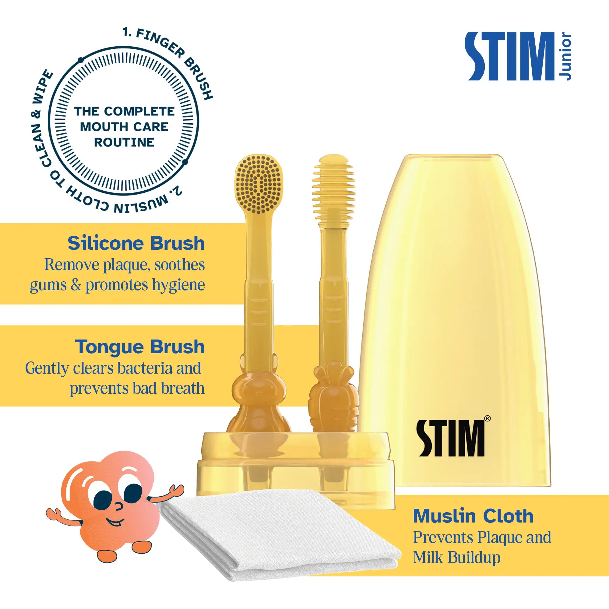 Close-up of STIM Junior baby toothbrush showing silicone brush, tongue brush, and muslin cloth