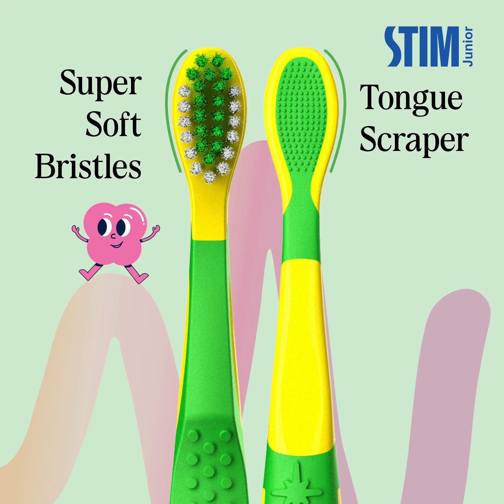 Close-up of STIM Junior toothbrush and two floss picks showing soft tapered bristles and ergonomic handle