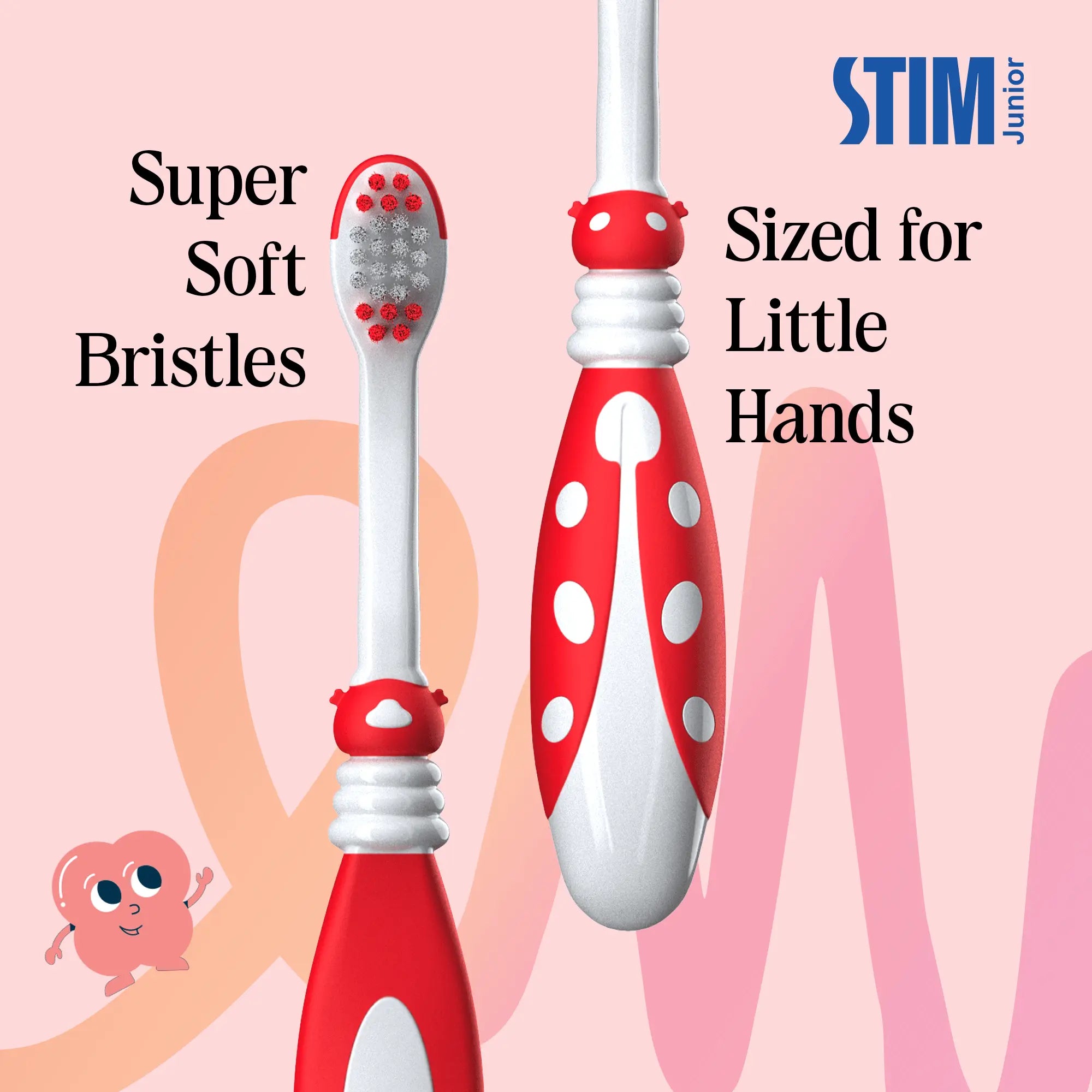 Showing STIM Junior baby tooth gel tube and baby toothbrush close‑up