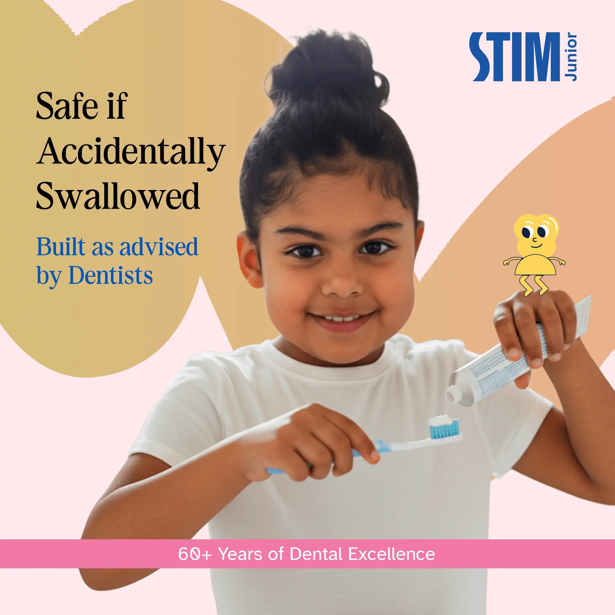 Close‑up of two STIM Junior baby toothpaste tubes and included toothbrush showing natural grape flavour