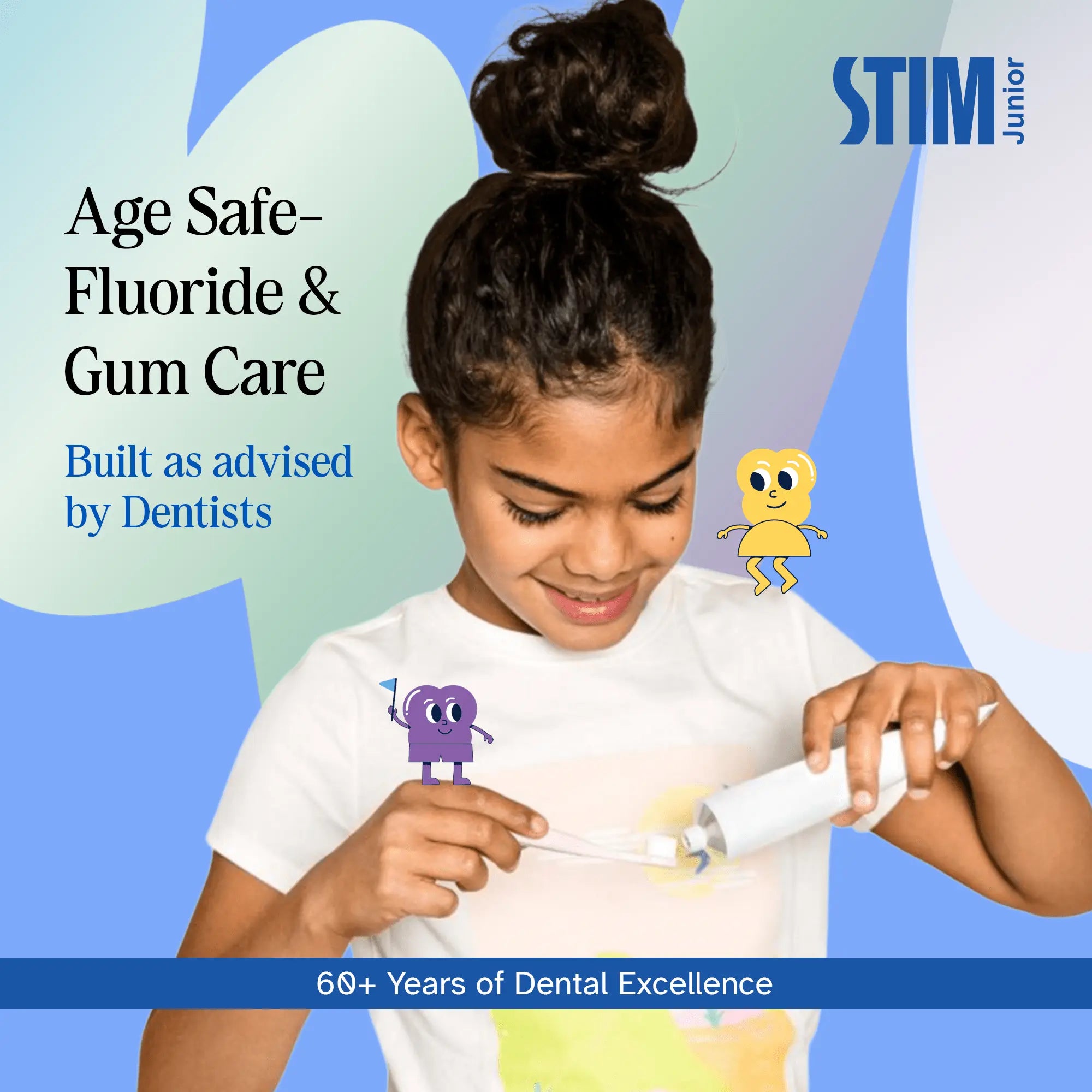 Close‑up of STIM Junior Kids Toothpaste tube and included toothbrush showing mixed berry flavour formula