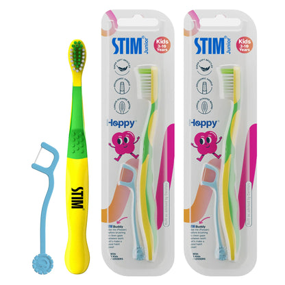 STIM Junior Kids Toothbrush with 3 Floss Picks (Set of 2) for ages 3–10 years, perfect for independent brushing