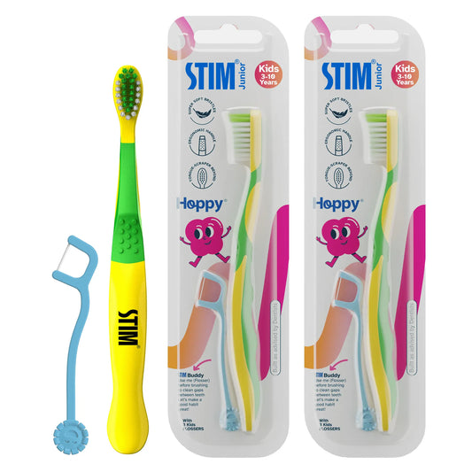 STIM Junior Kids Toothbrush with 3 Floss Picks (Set of 2) for ages 3–10 years, perfect for independent brushing