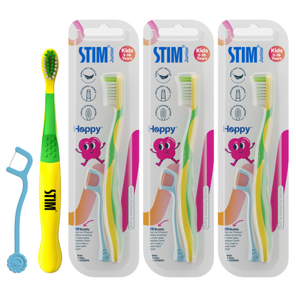 STIM Junior Kids Toothbrush with 3 Floss Picks (Set of 3) for ages 3–10 years