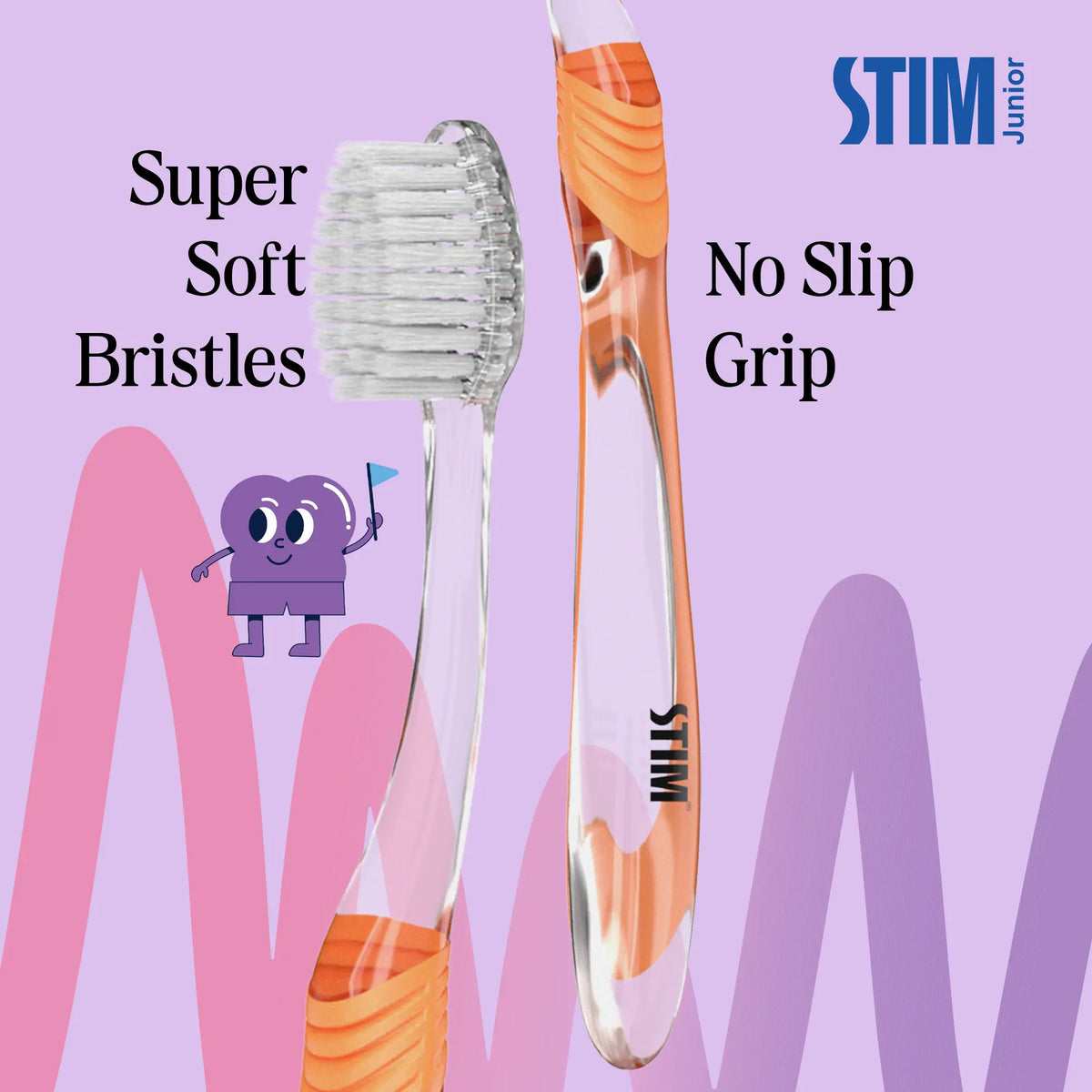 Close‑up of two STIM Junior toothbrushes with three floss picks showing soft tapered bristles and ergonomic handles