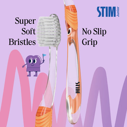 Close‑up of two STIM Junior toothbrushes with three floss picks showing soft tapered bristles and ergonomic handles