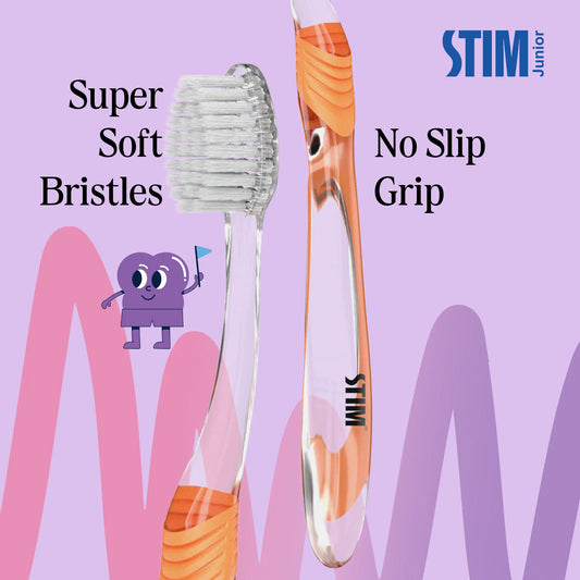 Close‑up of two STIM Junior toothbrushes with three floss picks showing soft tapered bristles and ergonomic handles