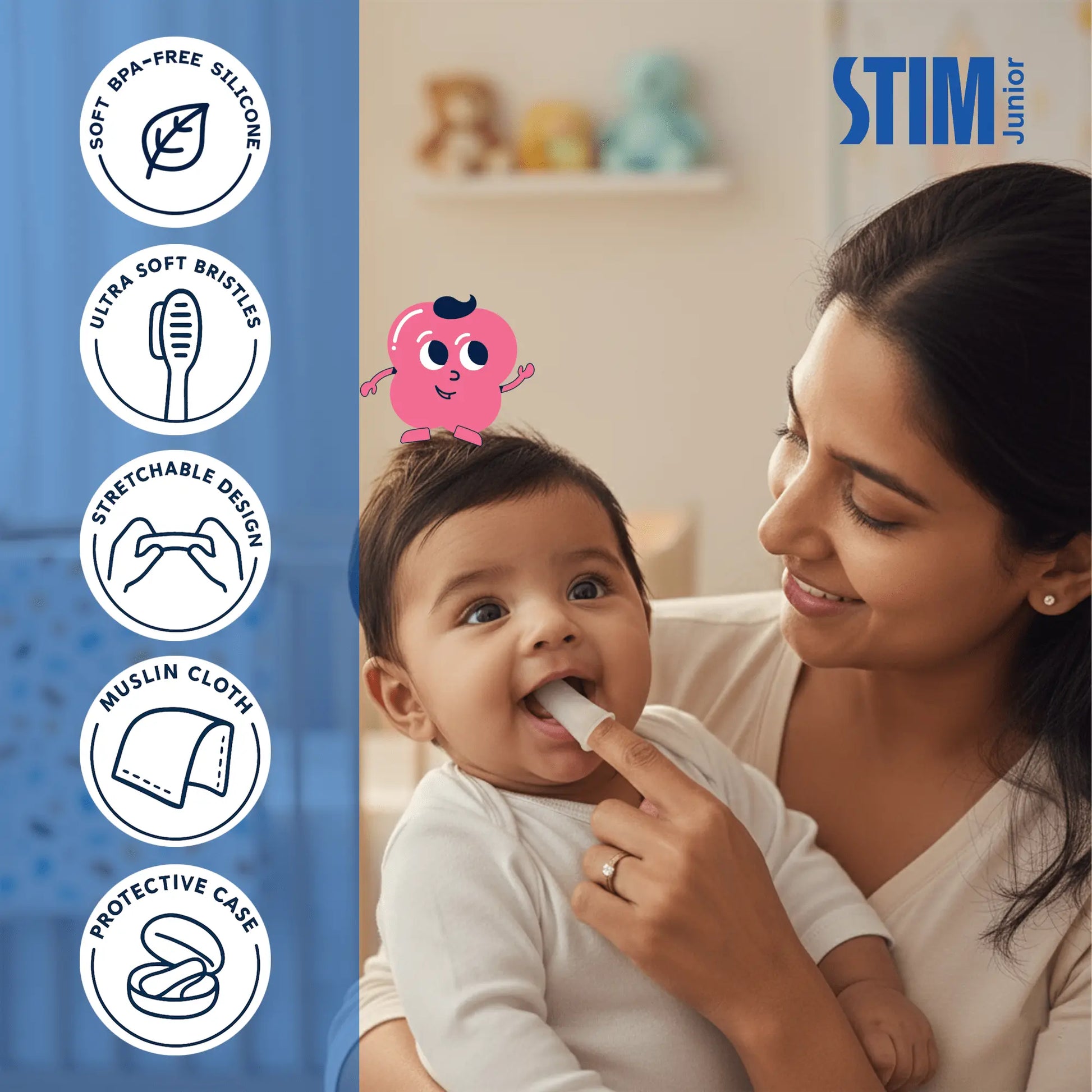 Baby gums being gently cleaned with STIM Junior finger brush and muslin cloth