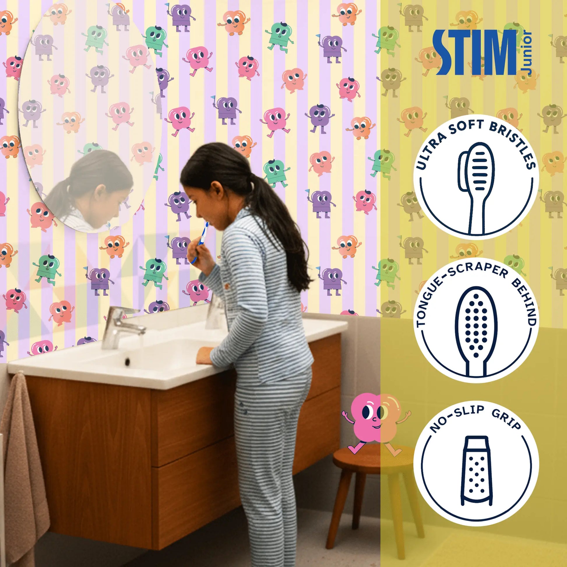 STIM Junior brand mascot holding a toothbrush and floss picks, representing fun kids oral care