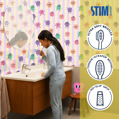 STIM Junior brand mascot holding a toothbrush and floss picks, representing fun kids oral care