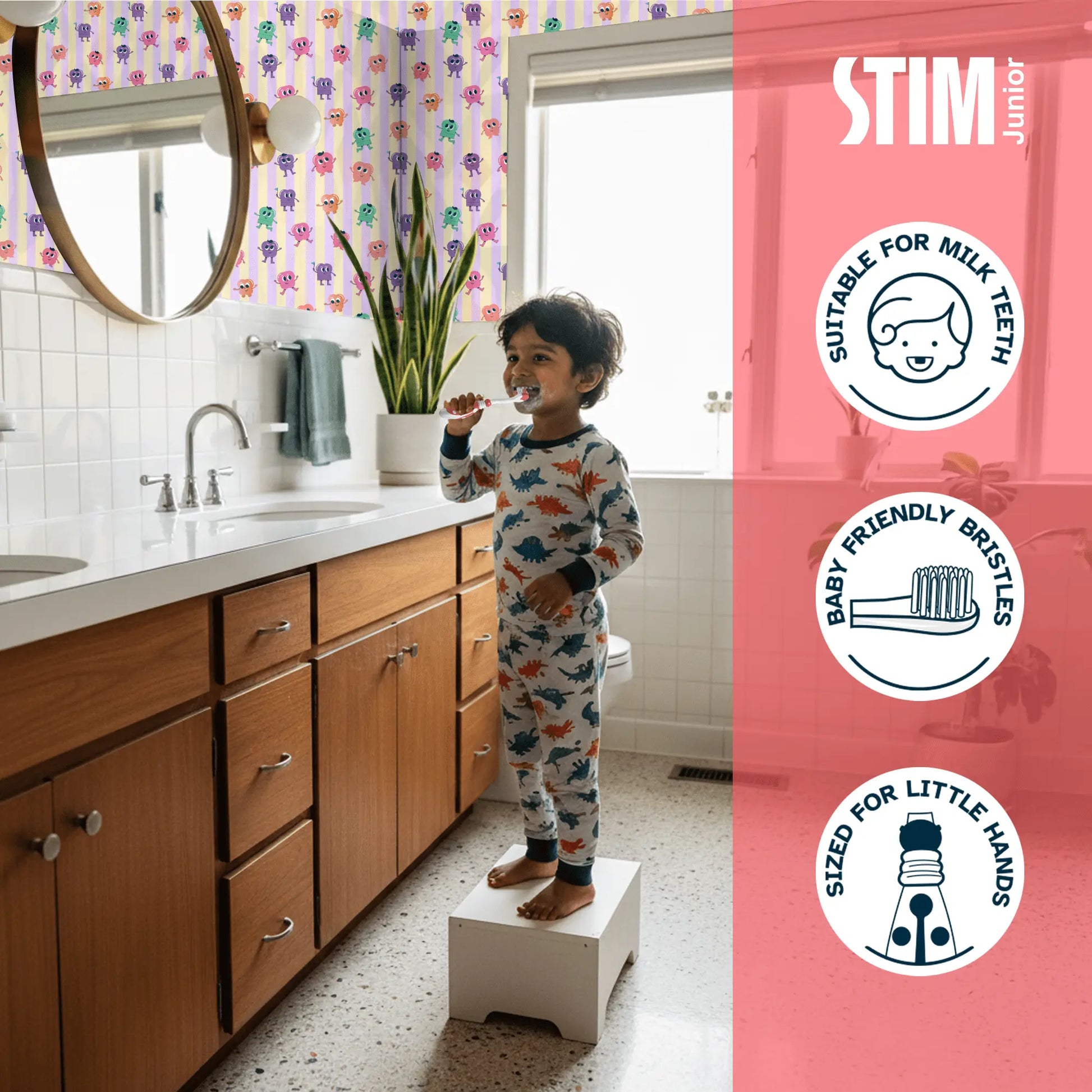 Benefits of STIM Junior tooth gel and brush, highlighting gentle and safe design