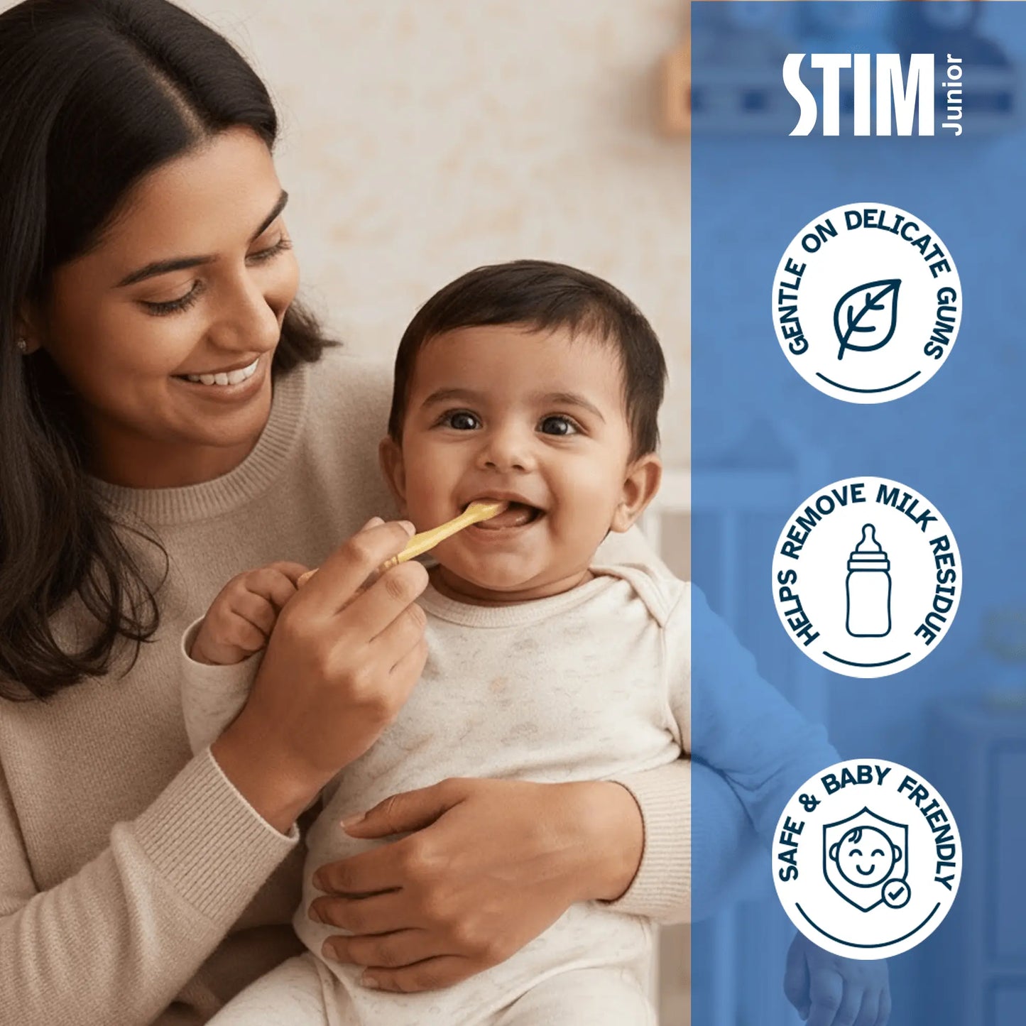 Benefits of STIM Junior toothbrush with smiling parent, highlighting the gentle and safe design