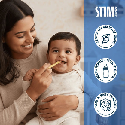 Benefits of STIM Junior toothbrush with smiling parent, highlighting the gentle and safe design