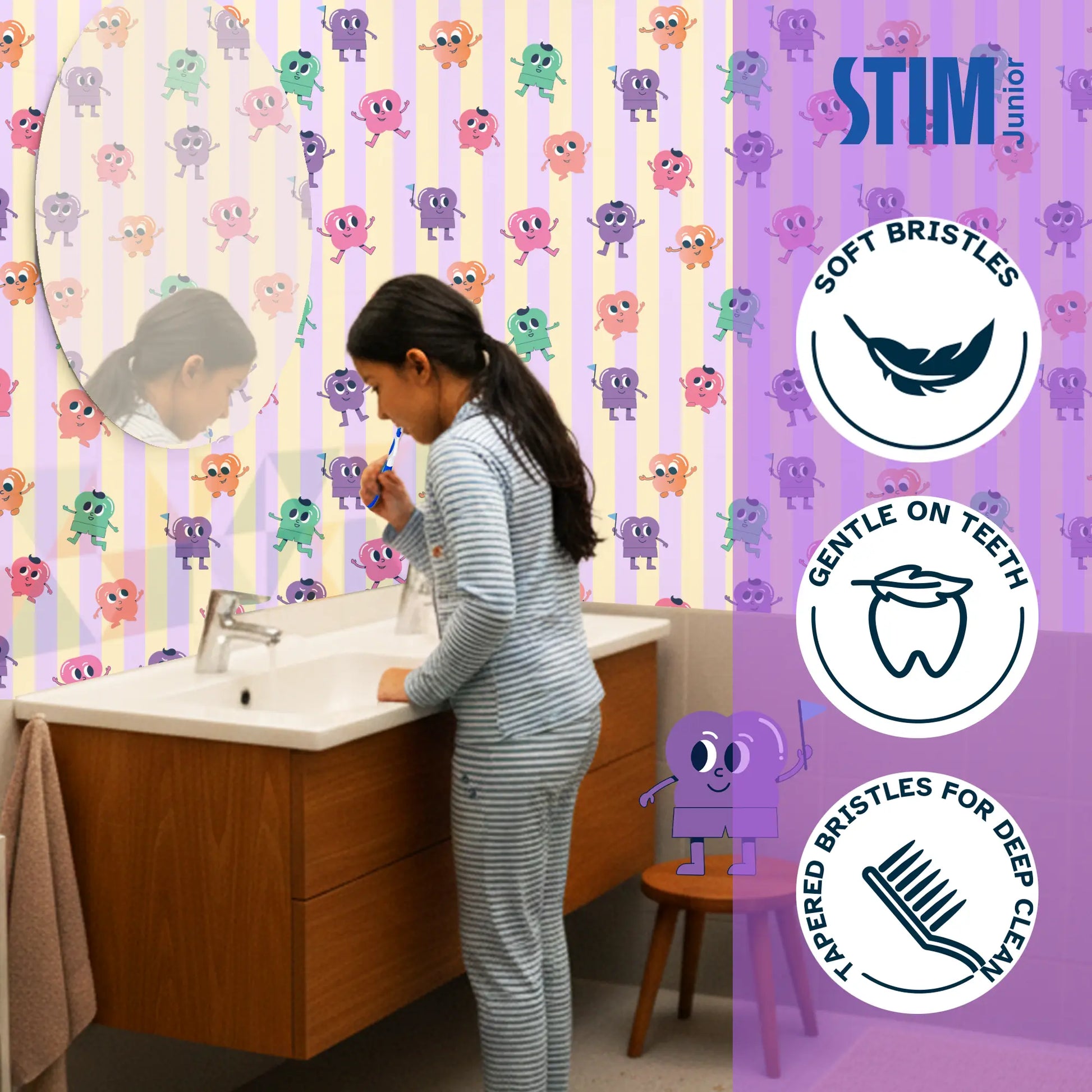 Child brushing teeth with STIM Junior toothbrush and floss picks, highlighting gentle and effective design