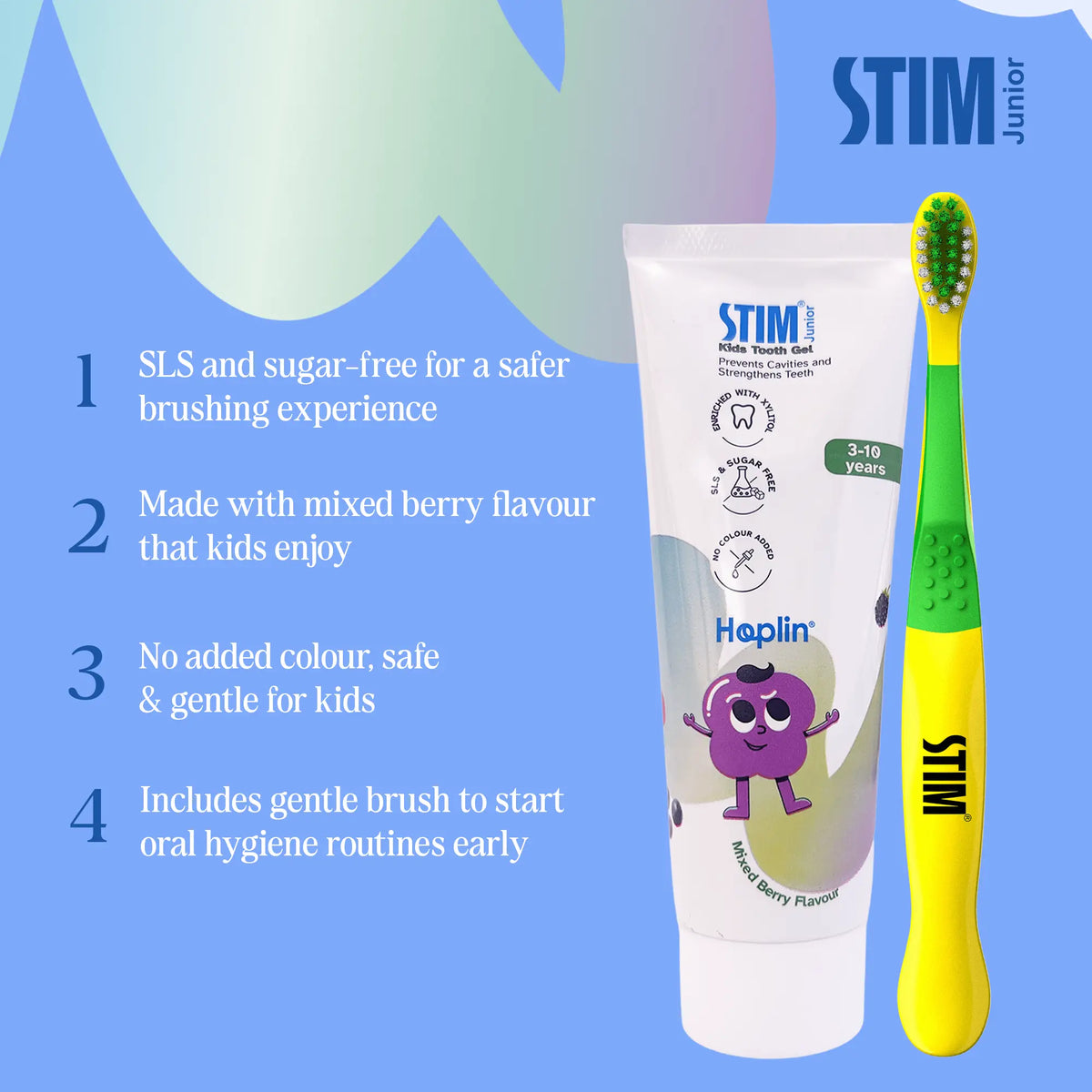 SLS‑free and sugar‑free toothpaste formula for gentle kids brushing