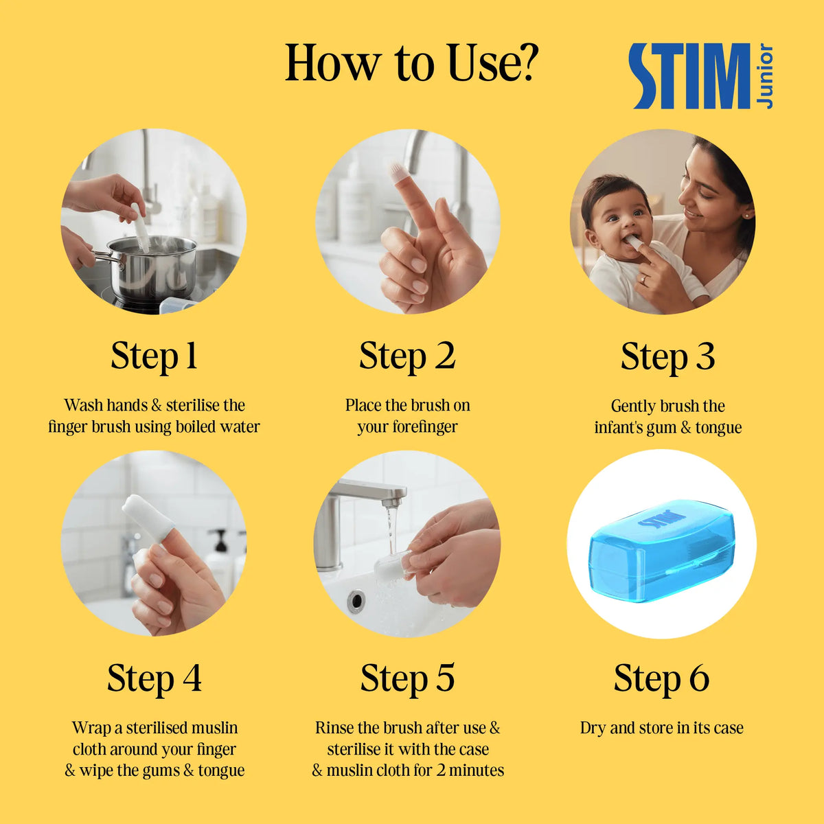 How to use – steps to wash hands, fit finger brush, gently clean baby’s gums and wipe with muslin cloth