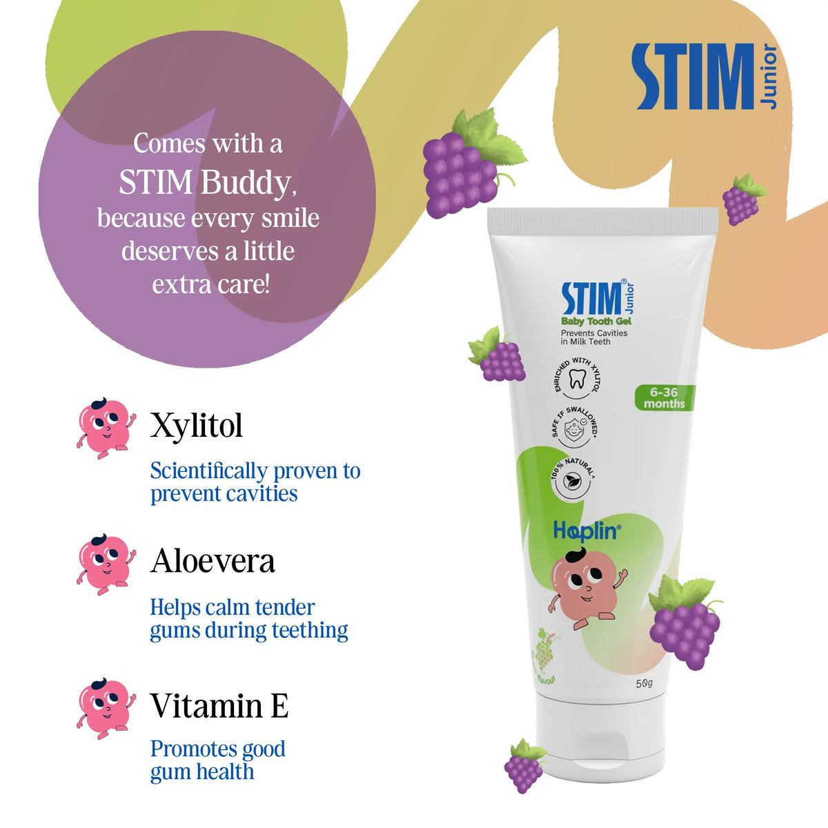 STIM Junior brand mascot holding baby tooth gel and brush, representing fun baby oral care