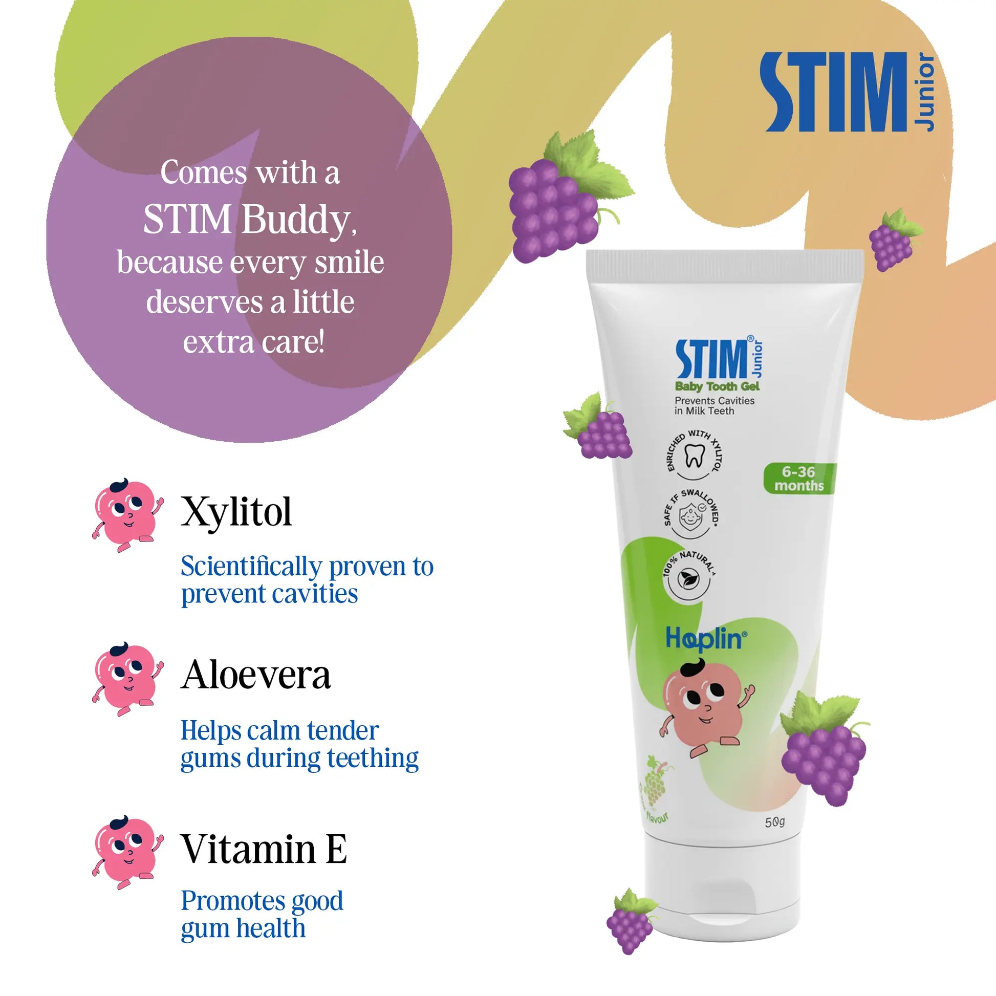 STIM Junior brand mascot holding baby tooth gel and brush, representing fun baby oral care