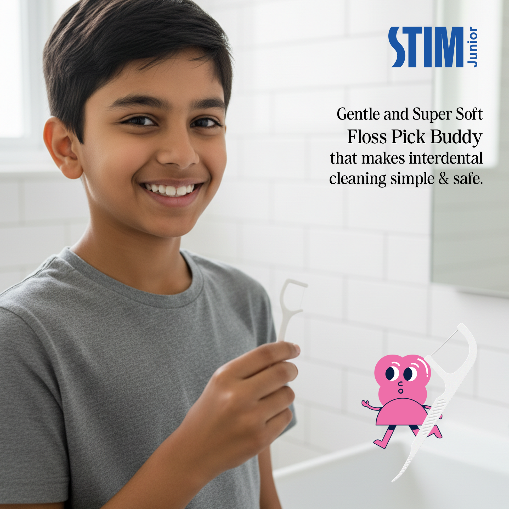 STIM Junior brand mascot holding a toothbrush and floss picks, representing fun and confident kids oral care