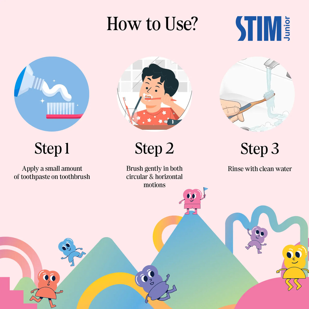 How to use – steps to squeeze toothpaste and gently brush baby’s teeth and gums twice daily 