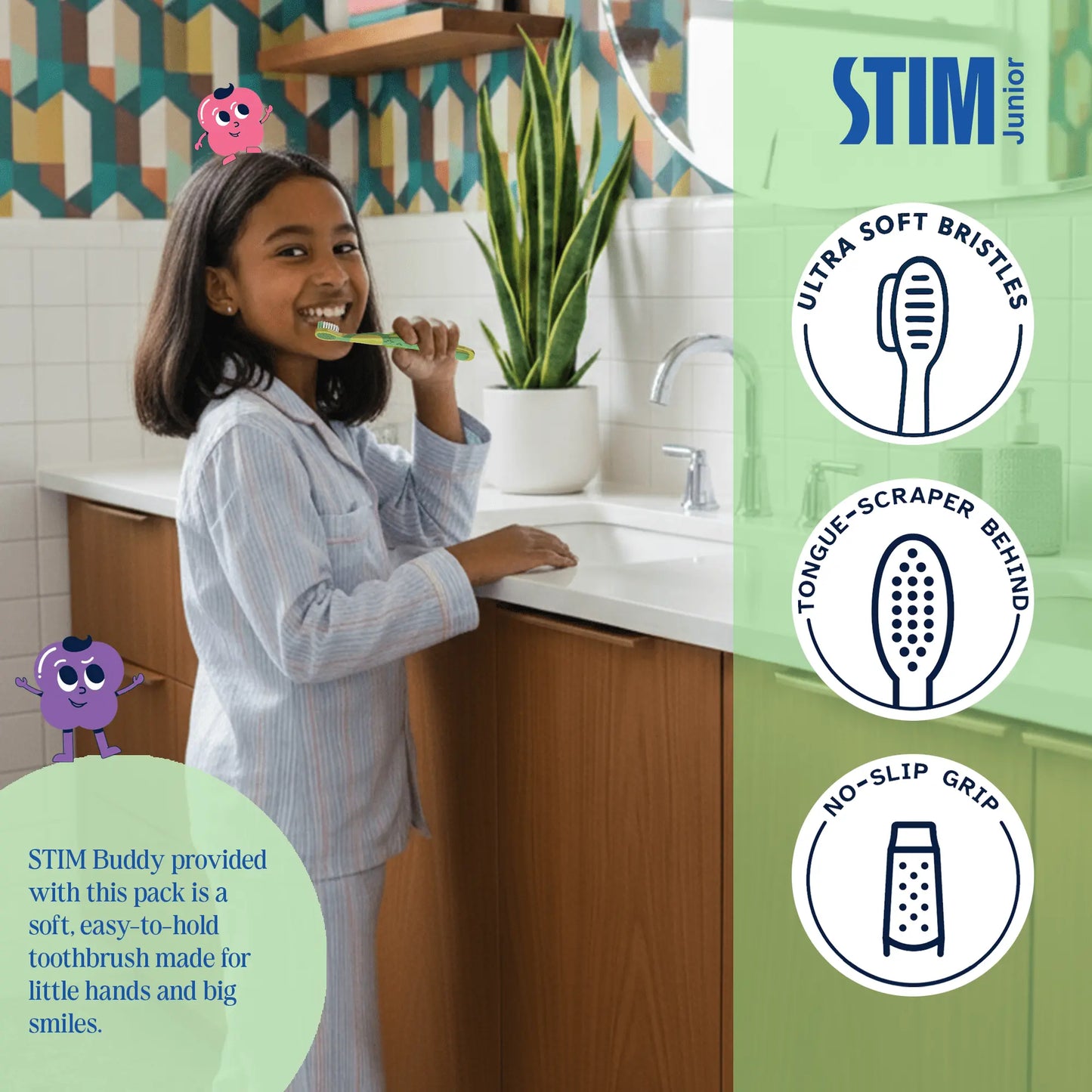 STIM Junior brand mascot holding toothpaste and brush, representing fun kids oral care