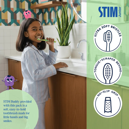 STIM Junior brand mascot holding toothpaste and brush, representing fun kids oral care