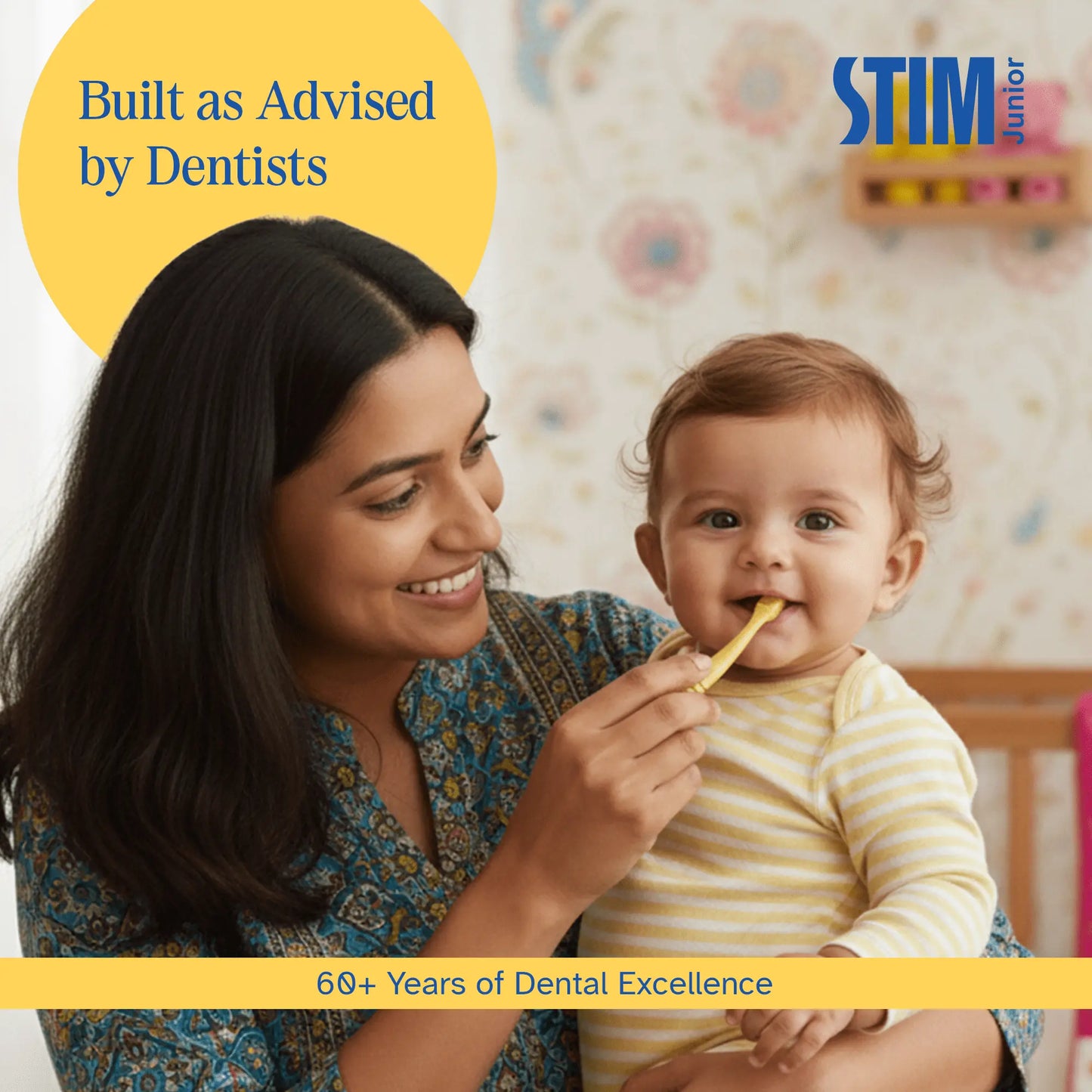 Highlighting STIM Junior toothbrush benefits: soft silicone, safe materials, easy grip