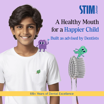 Highlighting STIM Junior toothbrush benefits: soft tapered bristles, gentle on gums, and easy grip