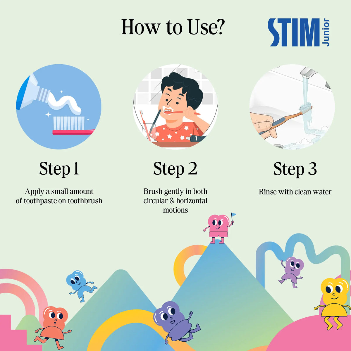 How to use – steps to squeeze toothpaste and brush kids’ teeth for 2 minutes, twice daily