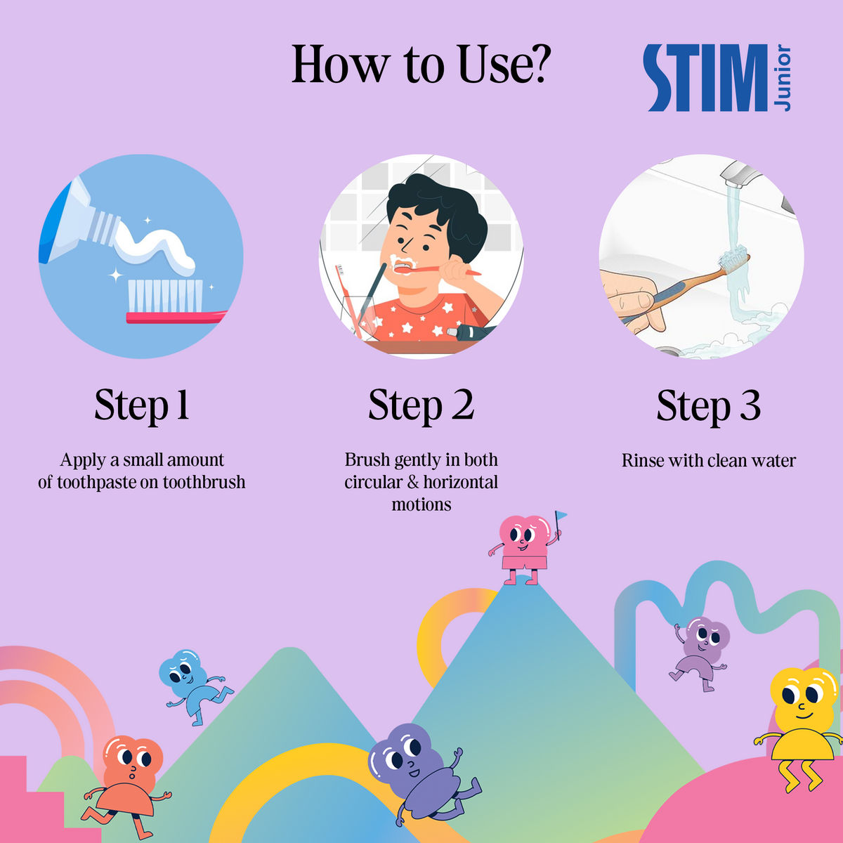 How to use – steps to rinse brushes, brush teeth in circular motions and use floss picks for interdental cleaning