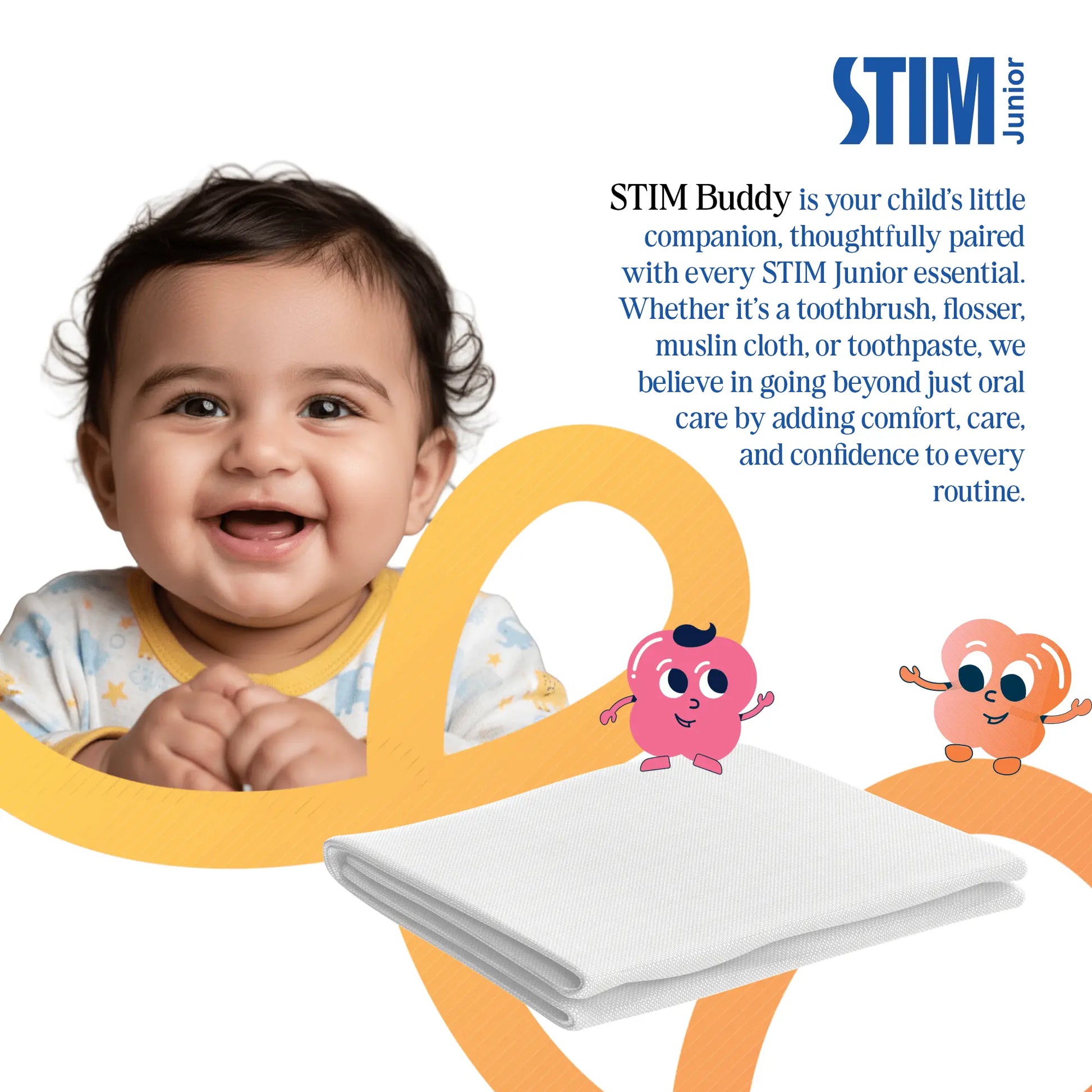 STIM Junior brand mascot holding a silicone toothbrush, representing fun baby oral care