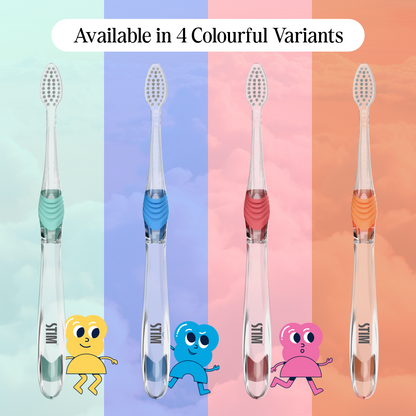 Colour ways and design variations of STIM Junior toothbrush with floss picks set