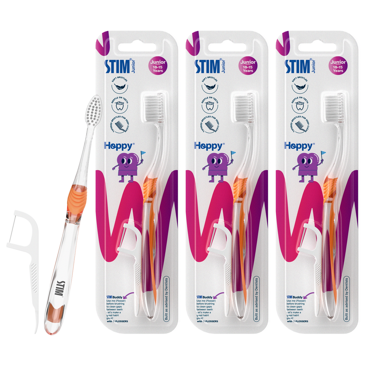 STIM Junior Toothbrush with 3 Floss Picks (Set of 3) for ages 10–15 years